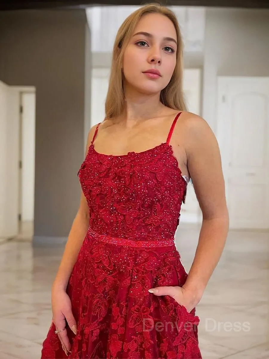A-Line Spaghetti Straps Court Train Tulle Prom Dresses With Leg Slit