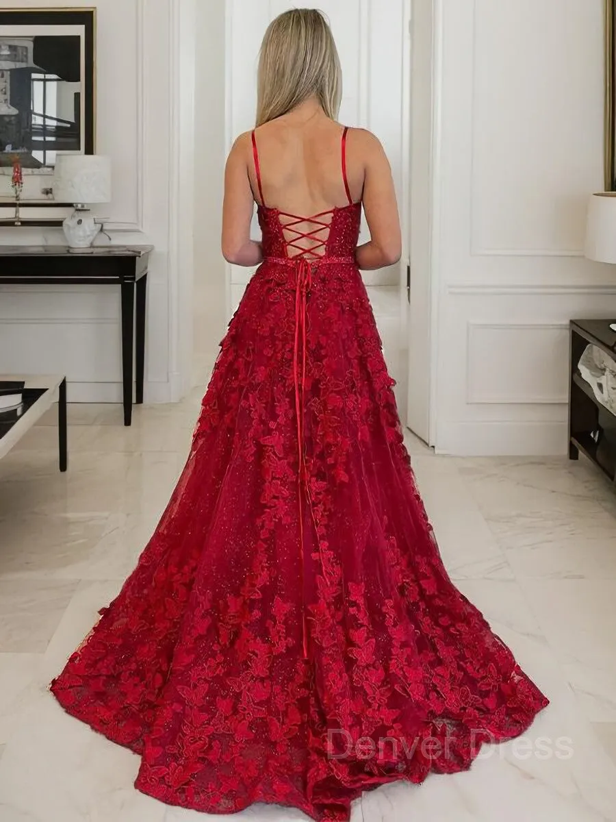 A-Line Spaghetti Straps Court Train Tulle Prom Dresses With Leg Slit