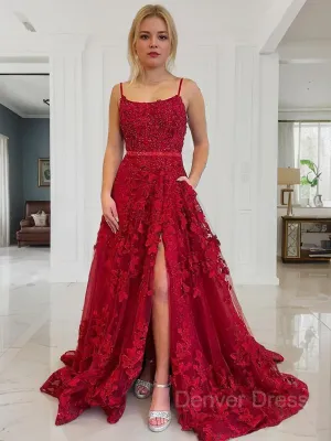 A-Line Spaghetti Straps Court Train Tulle Prom Dresses With Leg Slit