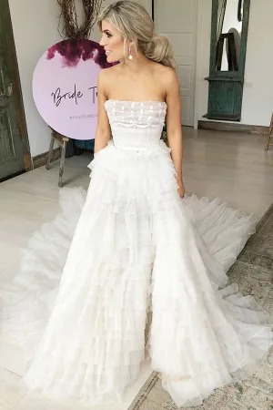 A-Line Strapless Tiered Court Train Ivory Tulle Wedding Dresses Beach Wedding Dresses N1507
