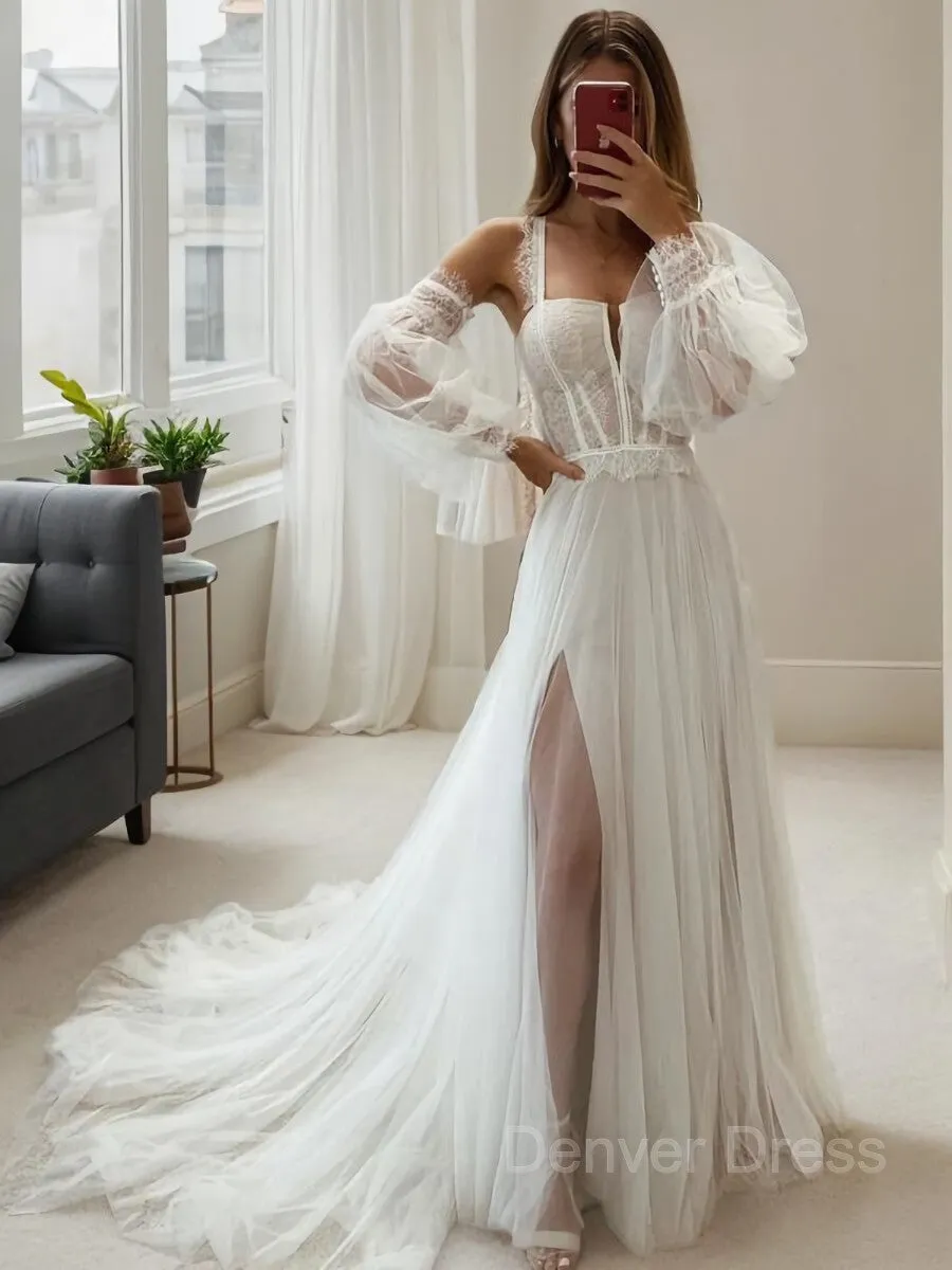 A-Line Straps Court Train Tulle Wedding Dresses With Leg Slit