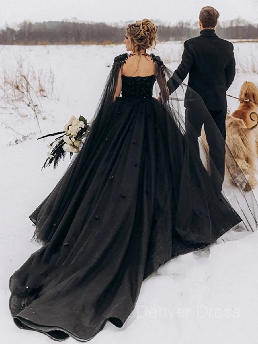A-Line Sweetheart Court Train Tulle Wedding Dress with Appliques Lace