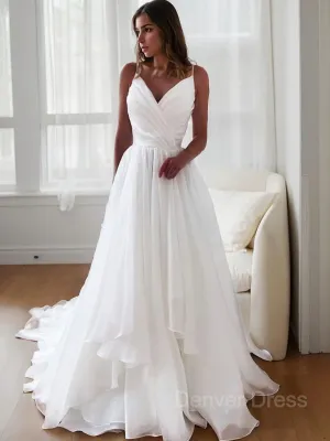 A-Line V-neck Court Train Organza Wedding Dresses