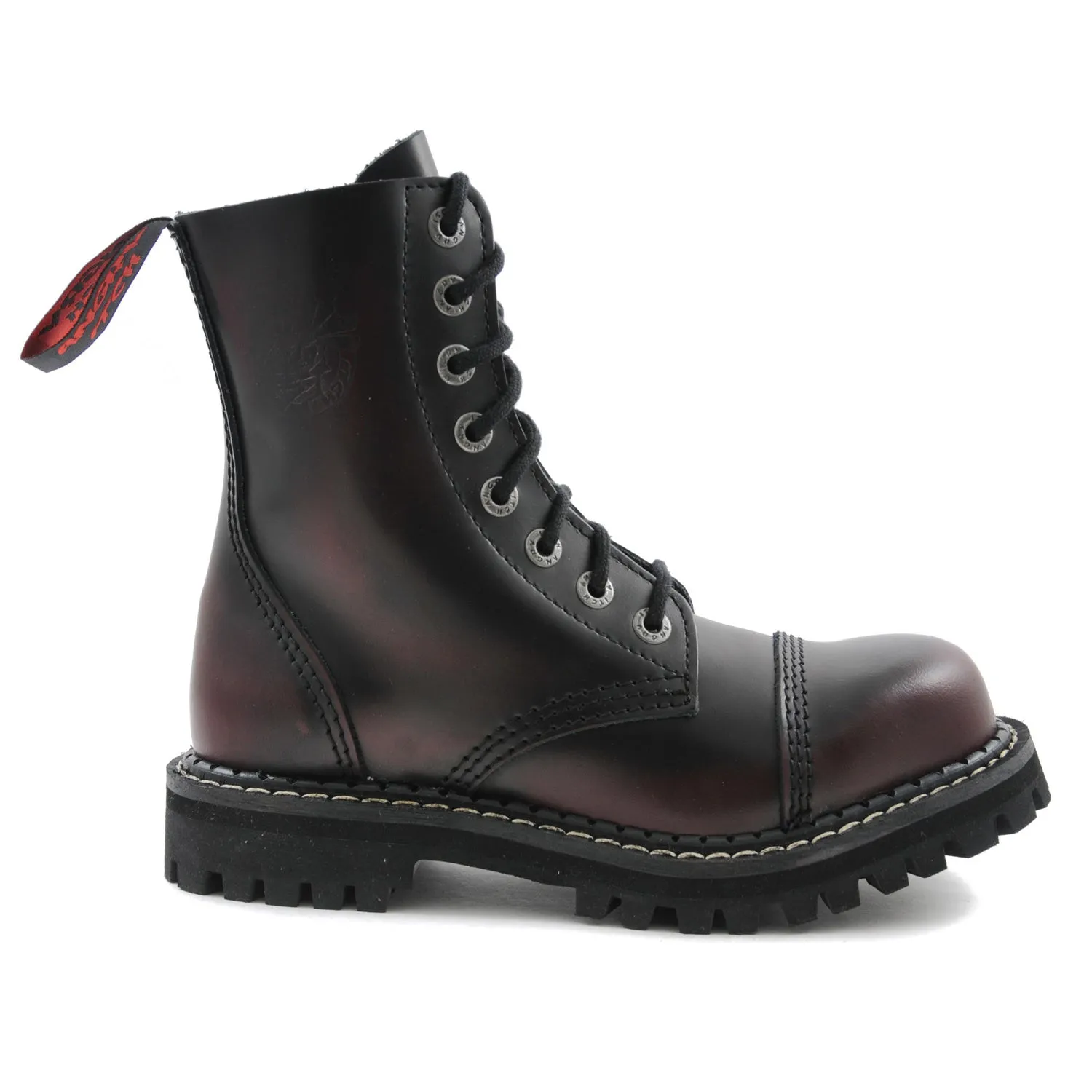 Angry Itch 8 Eyelet Boots with Steel Toe Cap Burgundy Rub Off Leather