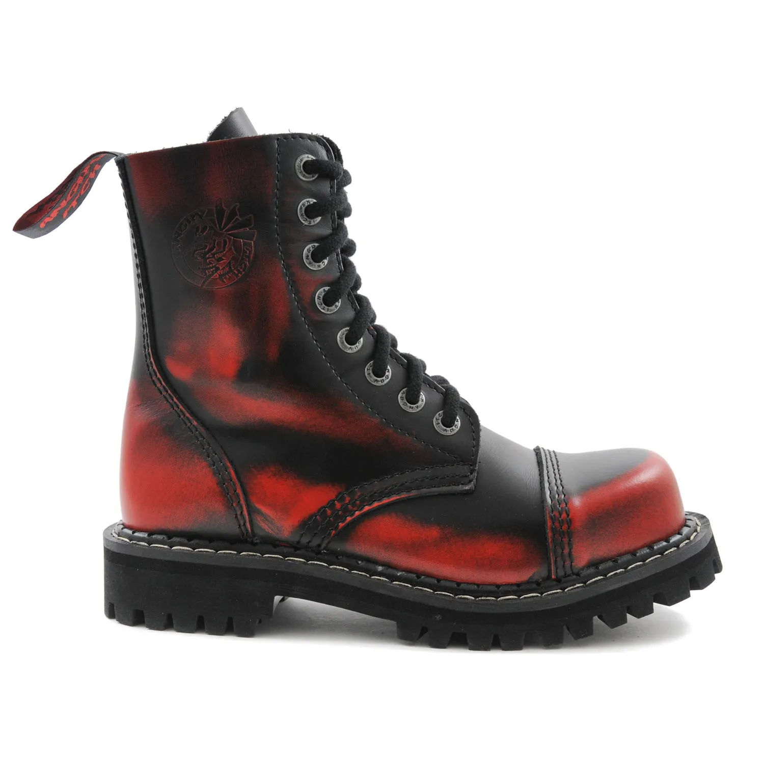 Angry Itch 8 Eyelet Boots with Steel Toe Cap Red Rub Off Leather