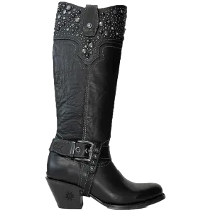 Black Star Ladies Levelland Studded Black Tall Western Boots WBRO001