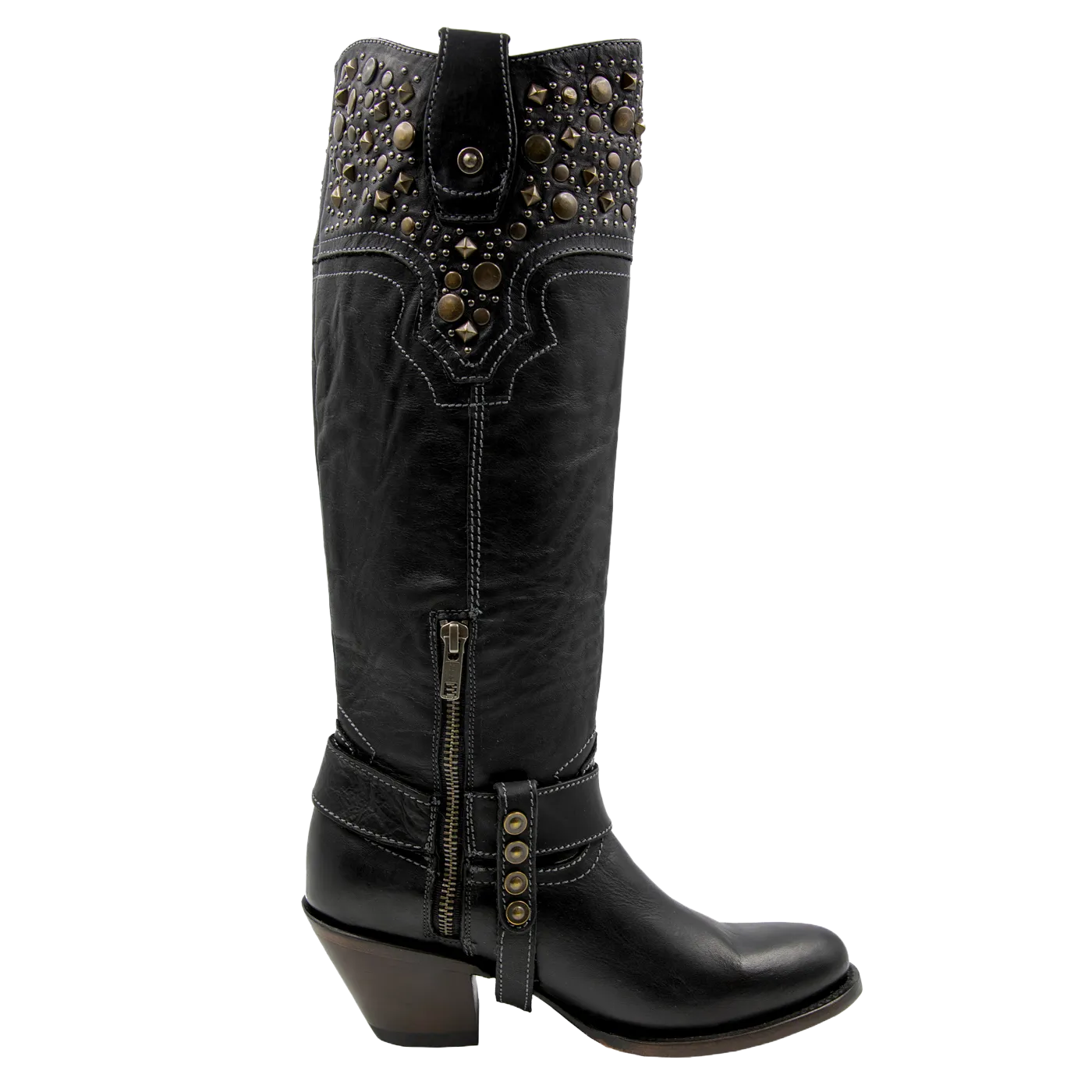 Black Star Ladies Levelland Studded Black Tall Western Boots WBRO001