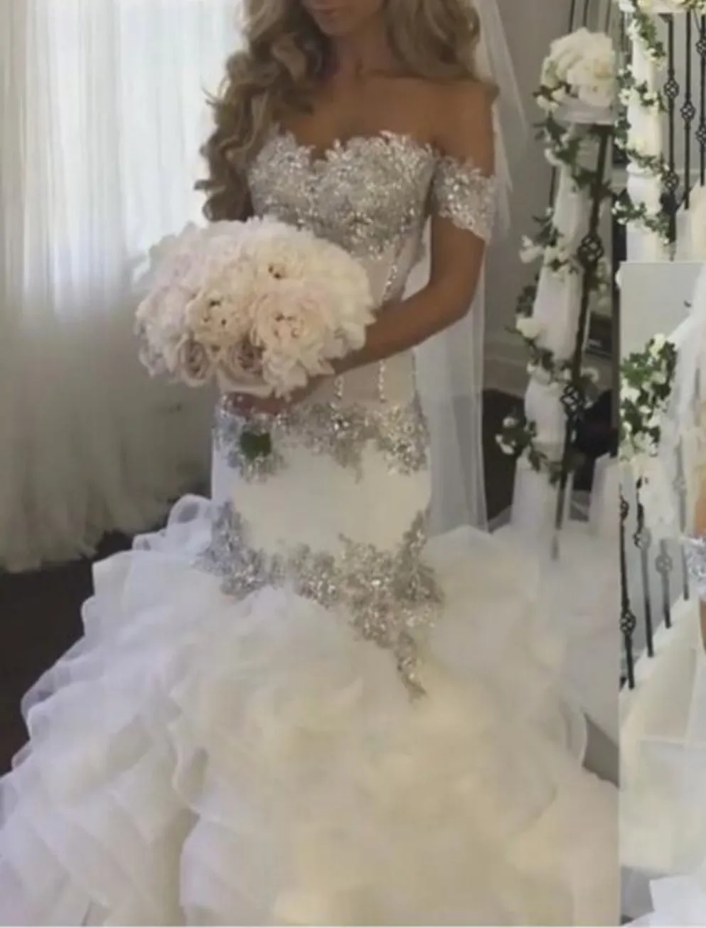 Bling Crystal Mermaid Wedding Dresses Ruffle Tiered Off Shoulder Wedding Gown