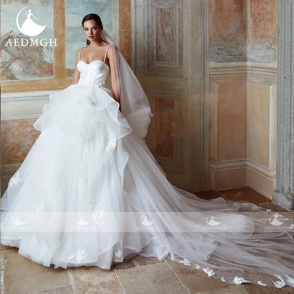 Claire Satin Ball Gown Wedding Dress Spaghetti Straps Beaded Ruffles Tiered Bridal Gown