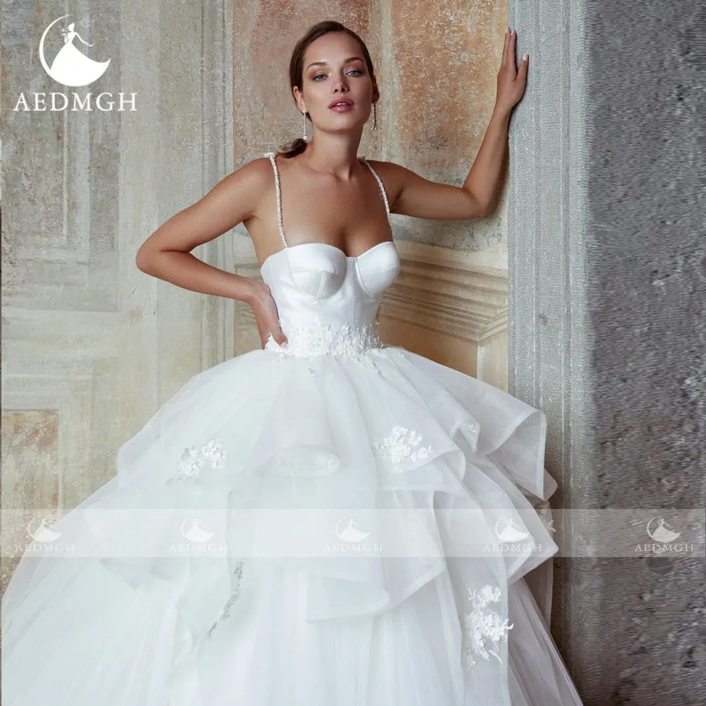 Claire Satin Ball Gown Wedding Dress Spaghetti Straps Beaded Ruffles Tiered Bridal Gown