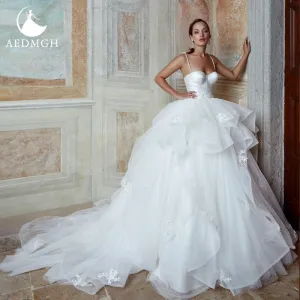 Claire Satin Ball Gown Wedding Dress Spaghetti Straps Beaded Ruffles Tiered Bridal Gown