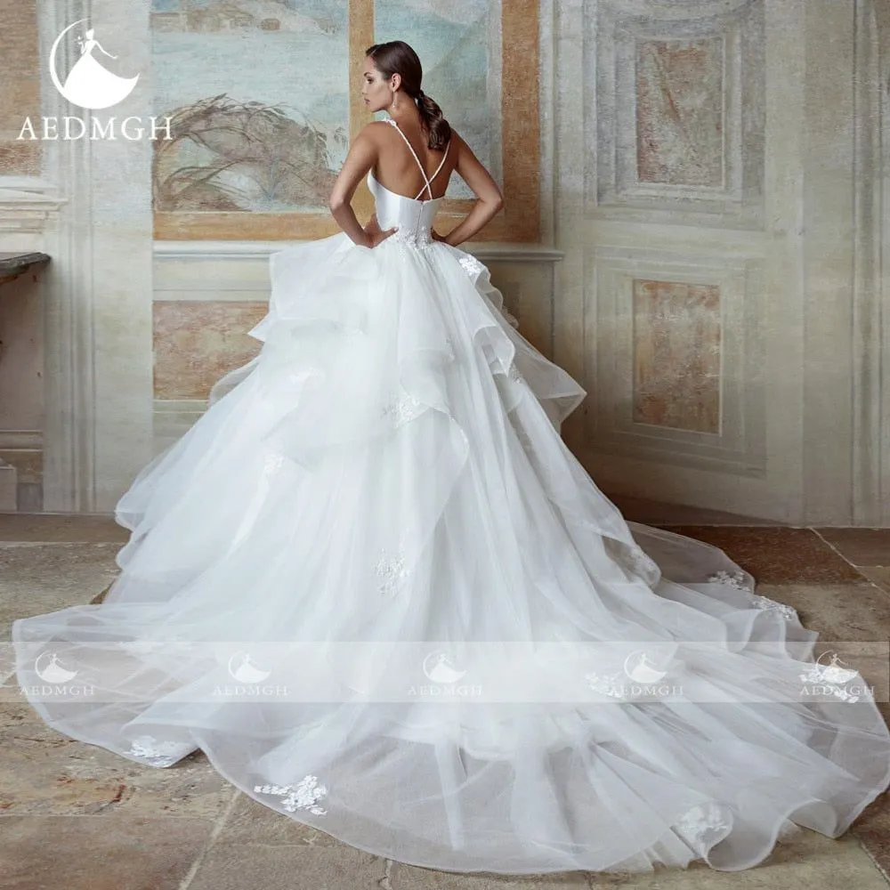 Claire Satin Ball Gown Wedding Dress Spaghetti Straps Beaded Ruffles Tiered Bridal Gown