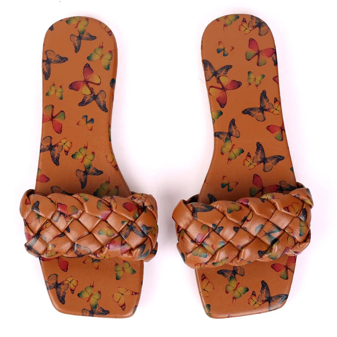 Classic Butterfly Brown Printed Braid Strap Designed Slippers