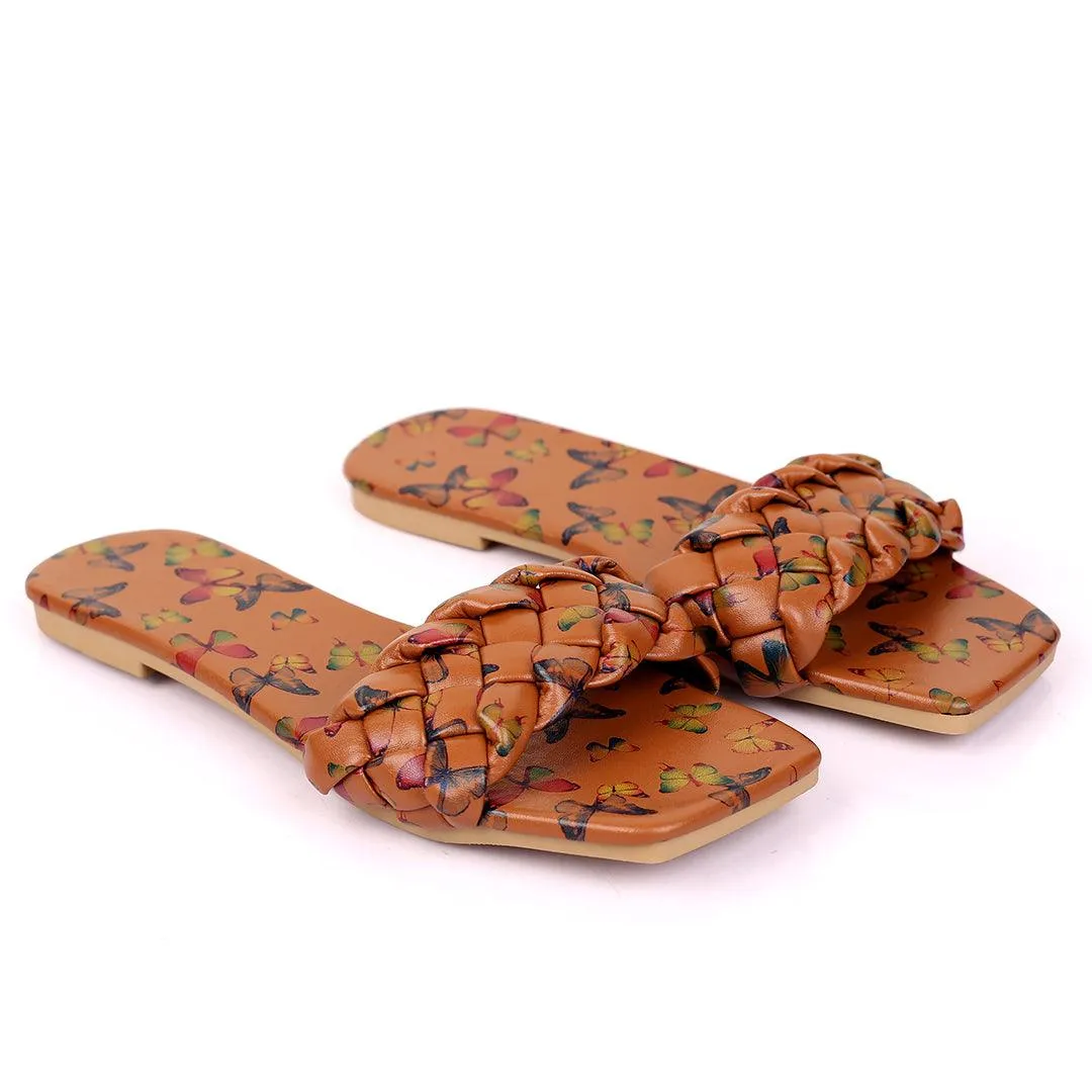 Classic Butterfly Brown Printed Braid Strap Designed Slippers