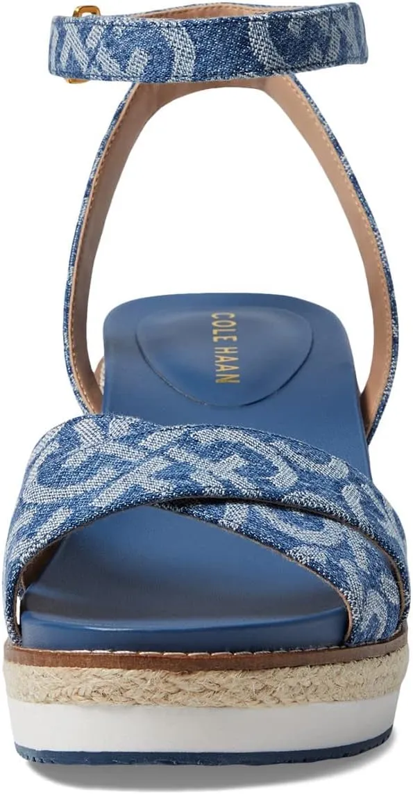 Cole Haan Cloudfeel Denim Jacquard Open Toe Ankle Strap Wedge Heeled Sandals