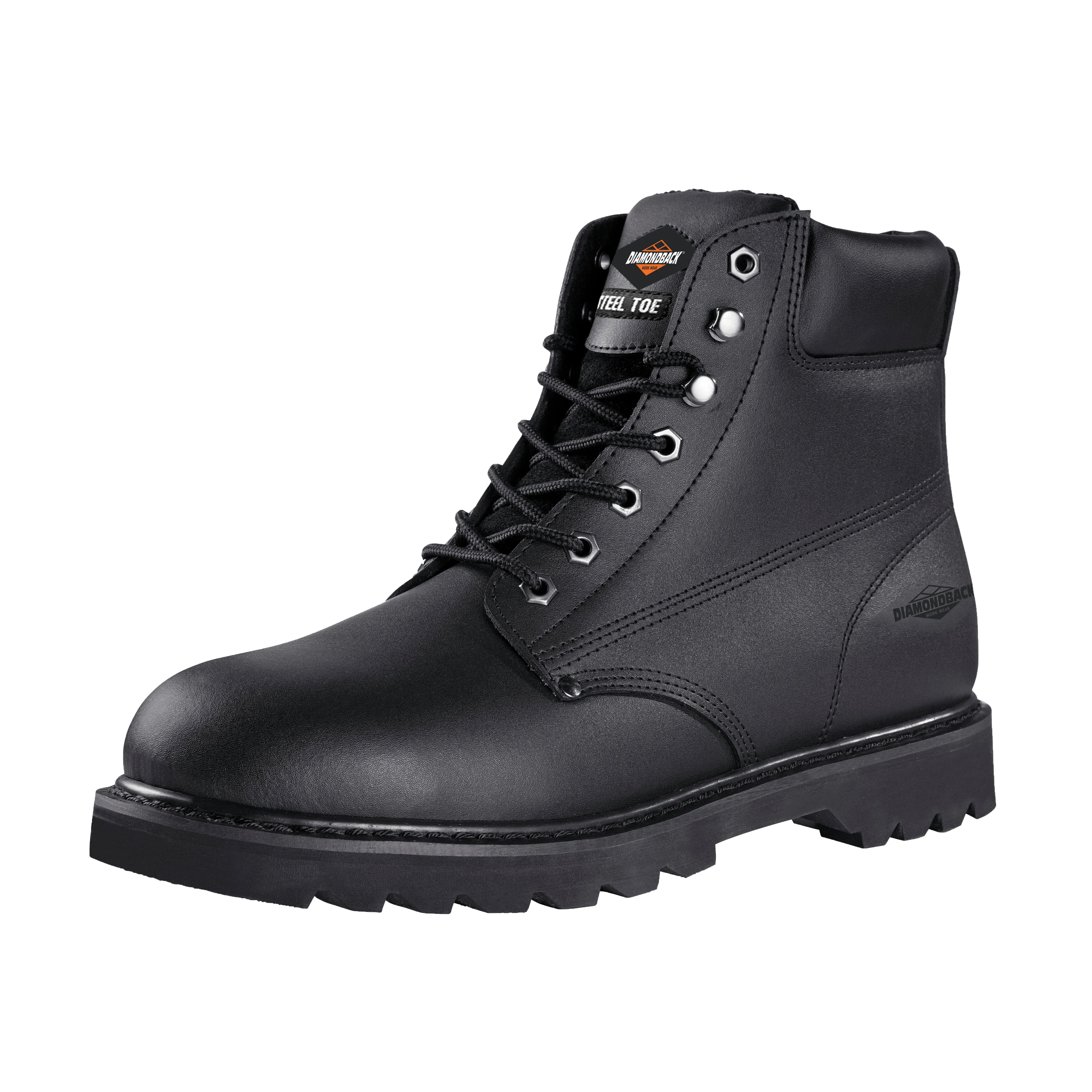 Diamondback Work Boots, 12, Medium W, Black, Leather Upper, Lace-Up, Steel Toe, With Lining