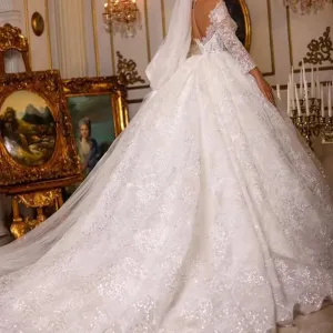 Exquisite Wedding Dress  For Women Sheer V-neck Lace Appliques Sequins Bridal Gowns Custom Dubai Arabic Vestido de Novia Customed