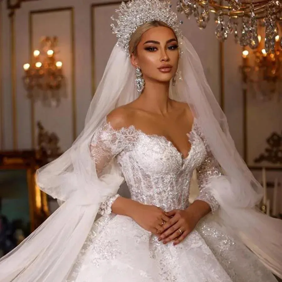 Exquisite Wedding Dress  For Women Sheer V-neck Lace Appliques Sequins Bridal Gowns Custom Dubai Arabic Vestido de Novia Customed