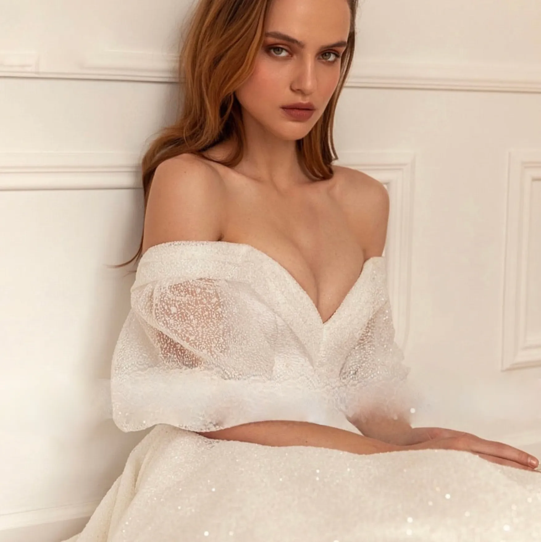 Glamour Glitter Lace Puff Sleeve Court Train A Line Wedding Dress