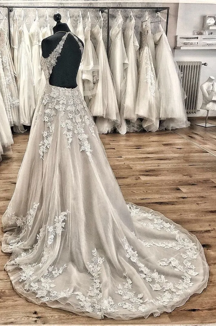 Halter Backless A-Line Wedding Dress with Lace Appliques, Train, and Tulle Ruffles