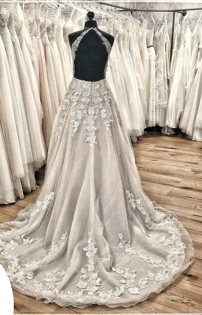Halter Backless A-Line Wedding Dress with Lace Appliques, Train, and Tulle Ruffles