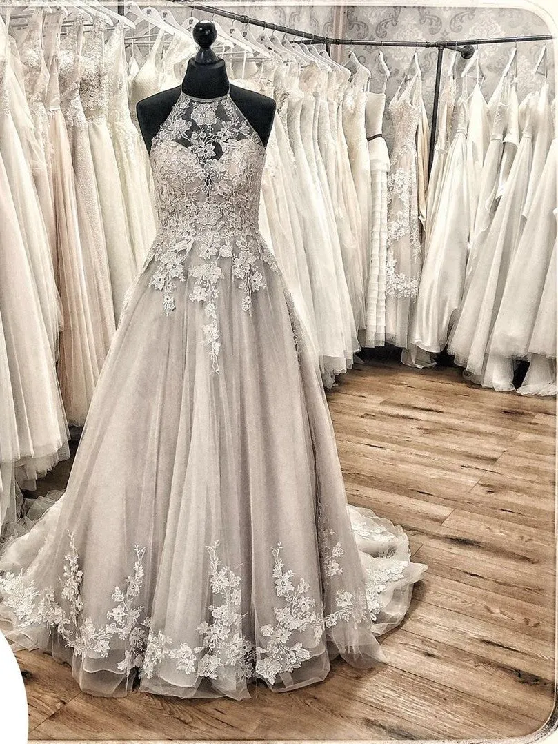 Halter Backless A-Line Wedding Dress with Lace Appliques, Train, and Tulle Ruffles