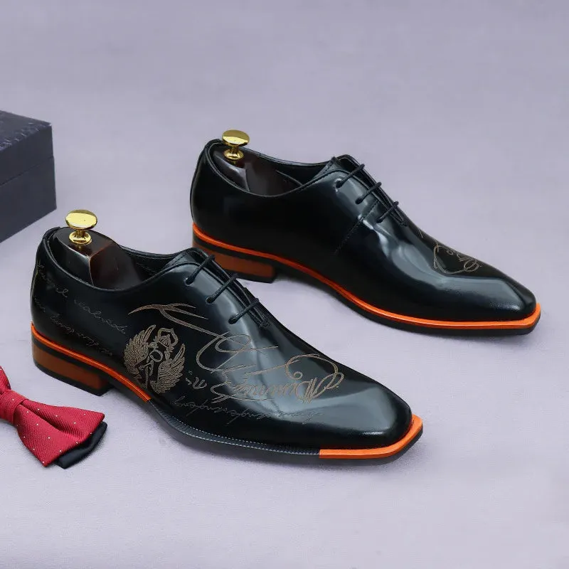 Hnzxzm Embossed Printed Business Formal Cowhide Shoes Men's Oxfords Genuine Leather Casual Lacquered Shiny Leather British Men's Shoes