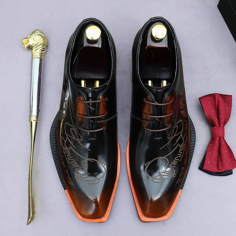 Hnzxzm Embossed Printed Business Formal Cowhide Shoes Men's Oxfords Genuine Leather Casual Lacquered Shiny Leather British Men's Shoes