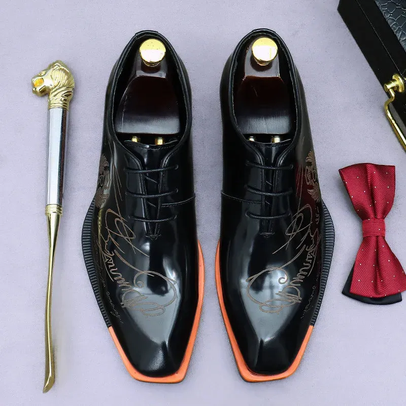 Hnzxzm Embossed Printed Business Formal Cowhide Shoes Men's Oxfords Genuine Leather Casual Lacquered Shiny Leather British Men's Shoes