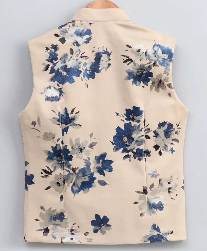 Jashvi Boy's Digital Foil Printed Cream Nehru Jacket