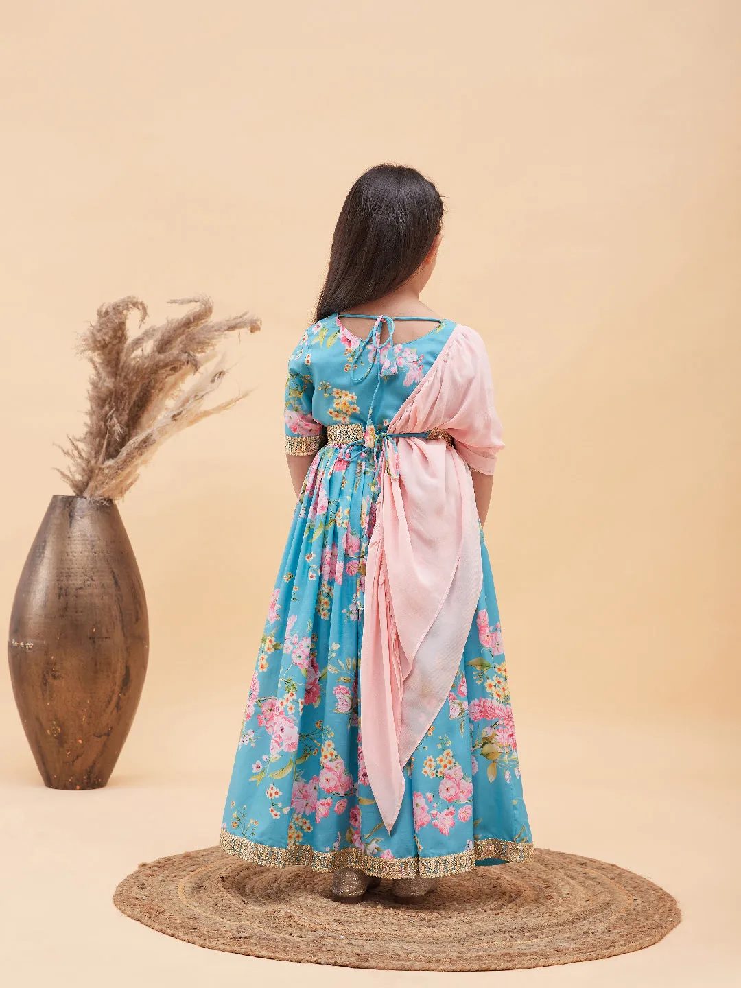 Jashvi Girl's Aqua Blue Floral Print Lehenga Set