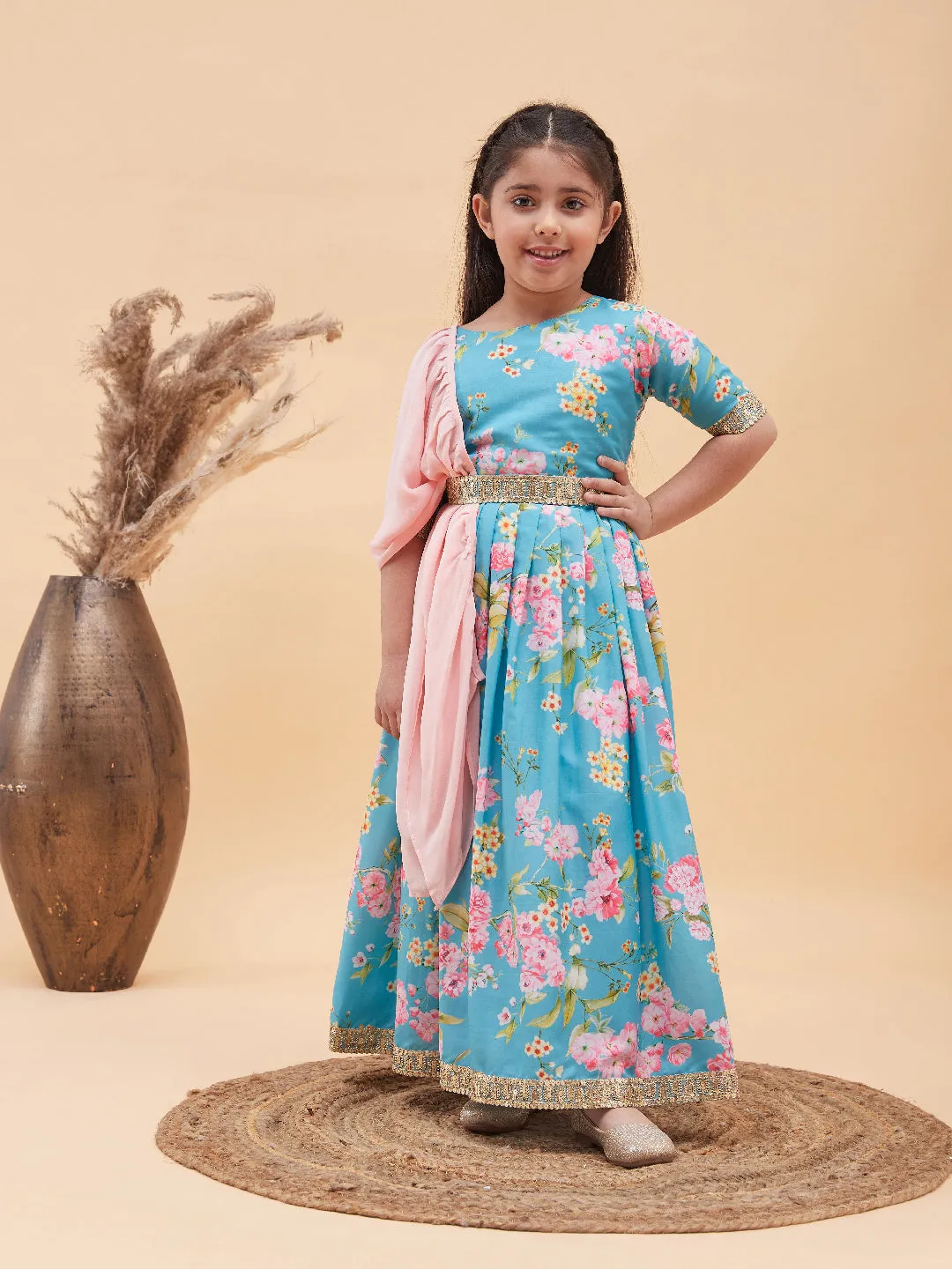 Jashvi Girl's Aqua Blue Floral Print Lehenga Set