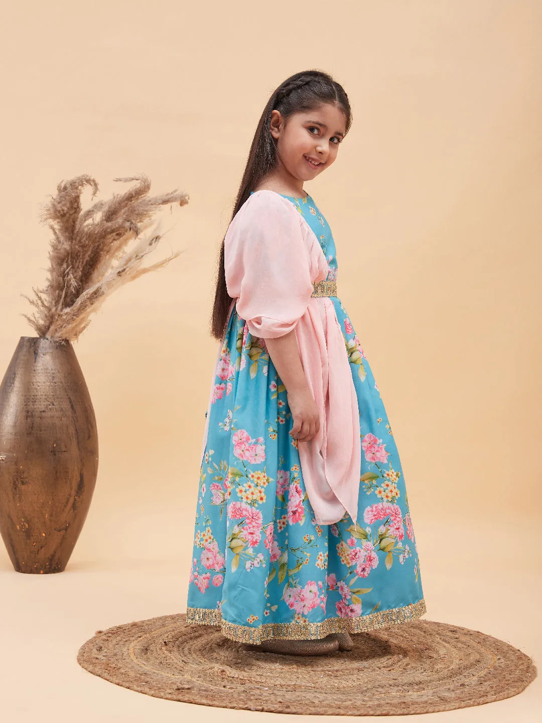 Jashvi Girl's Aqua Blue Floral Print Lehenga Set