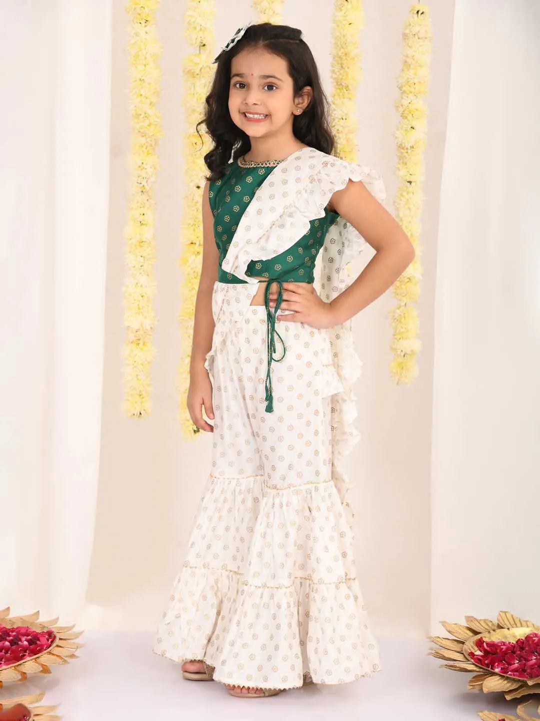 Jashvi Girl's Green And Cream Palazzo Saree Set
