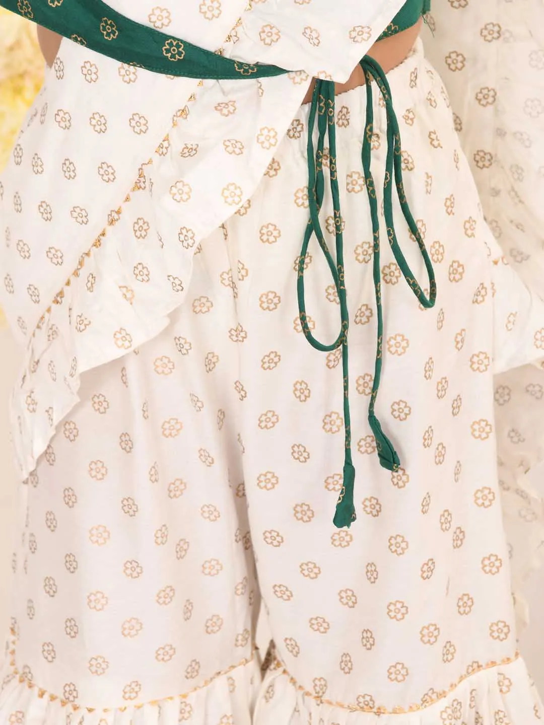 Jashvi Girl's Green And Cream Palazzo Saree Set