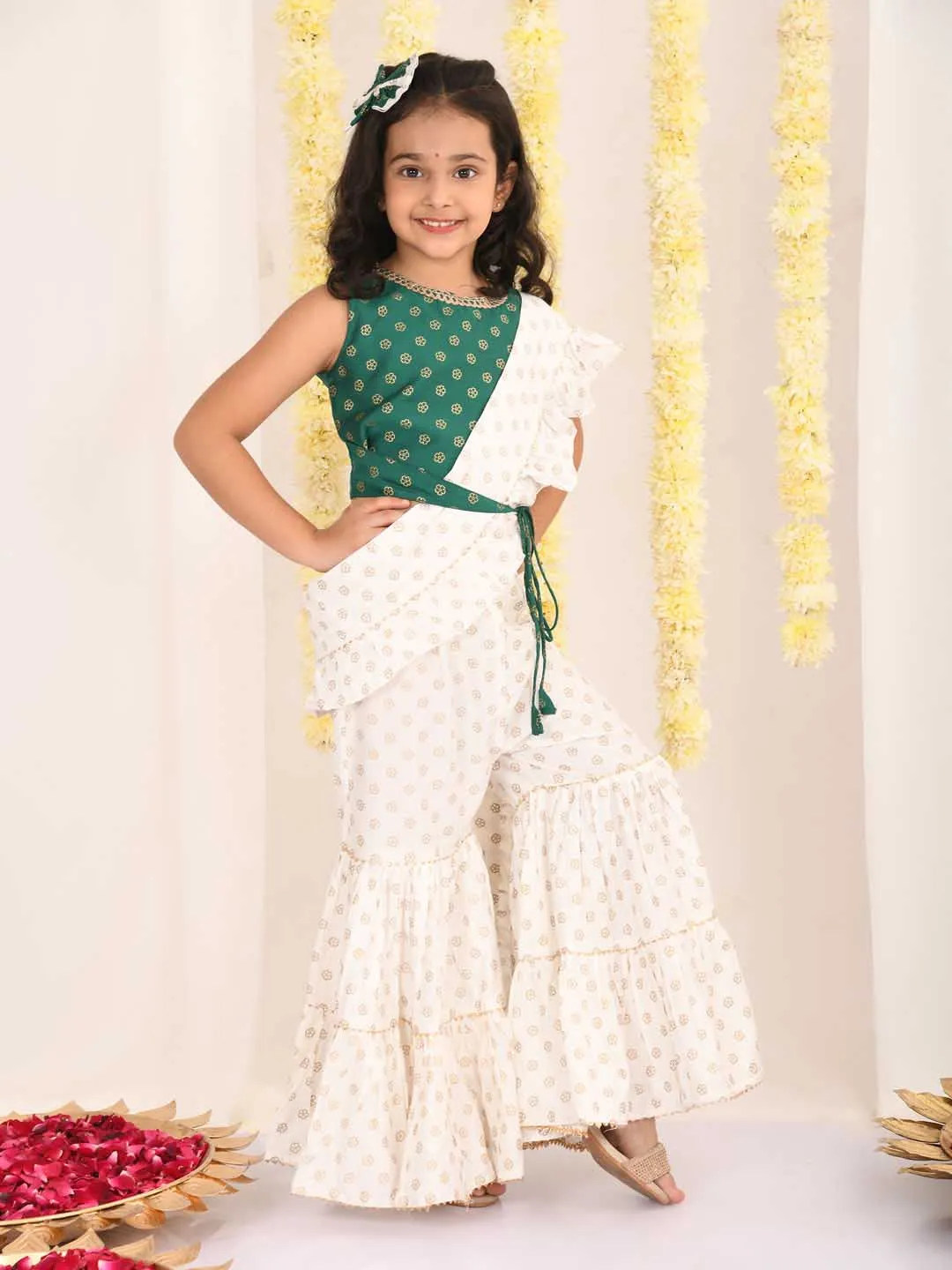 Jashvi Girl's Green And Cream Palazzo Saree Set