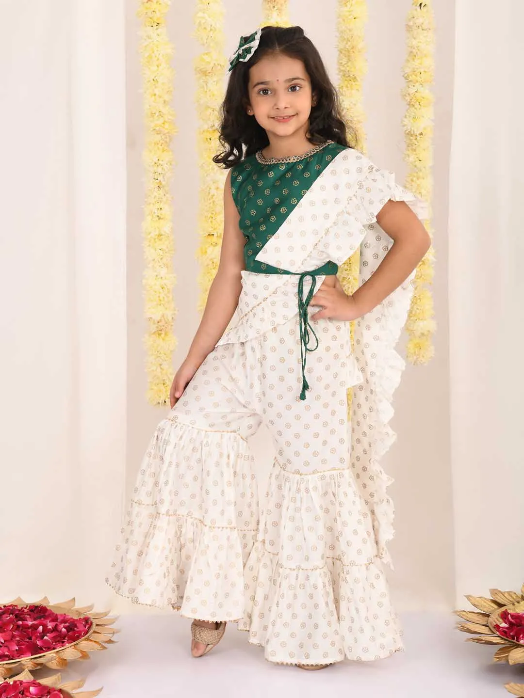 Jashvi Girl's Green And Cream Palazzo Saree Set