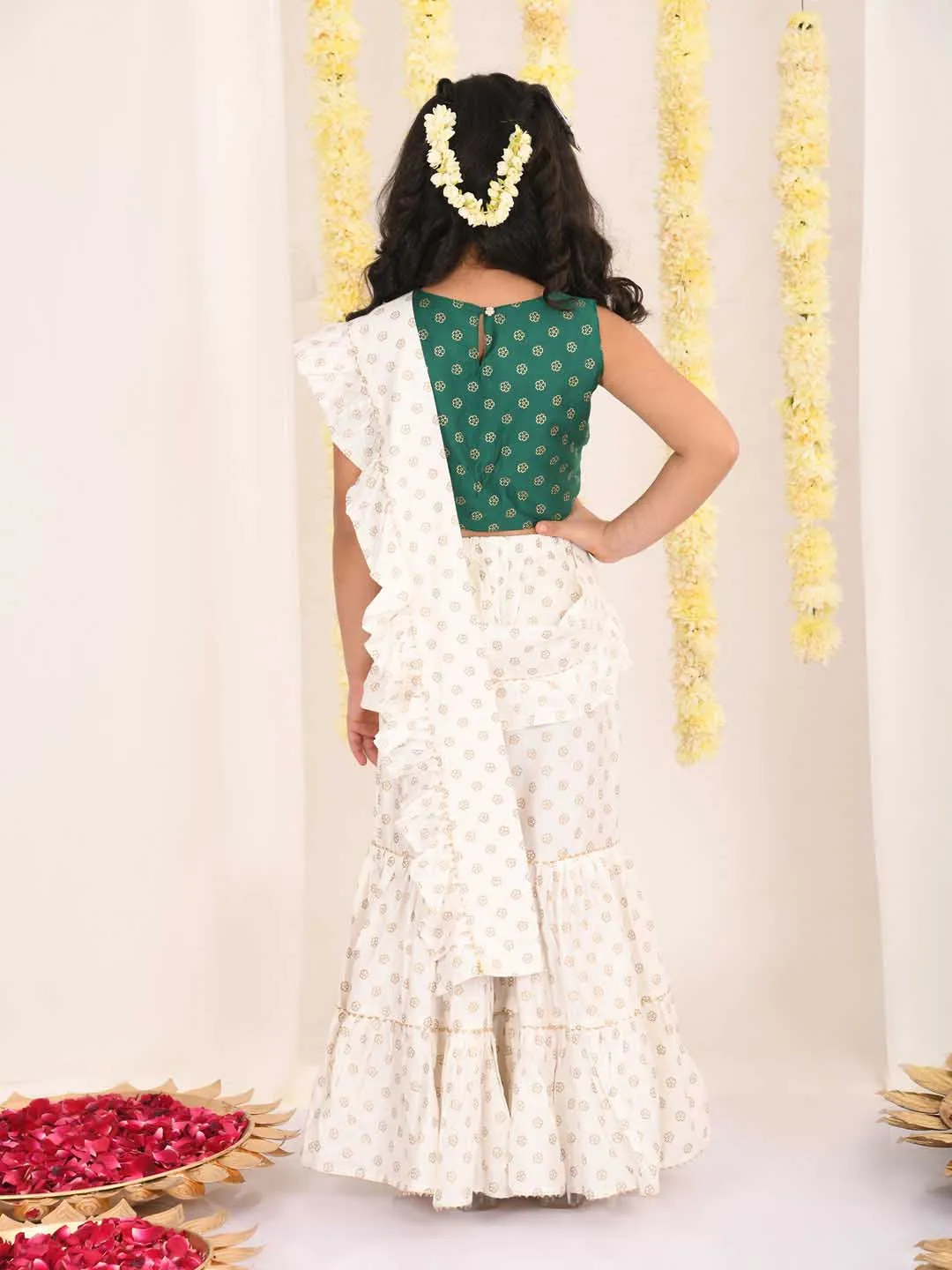 Jashvi Girl's Green And Cream Palazzo Saree Set