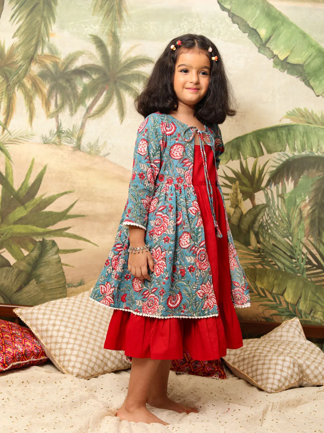 Jashvi Girl's Red And Blue Anarkali Dress