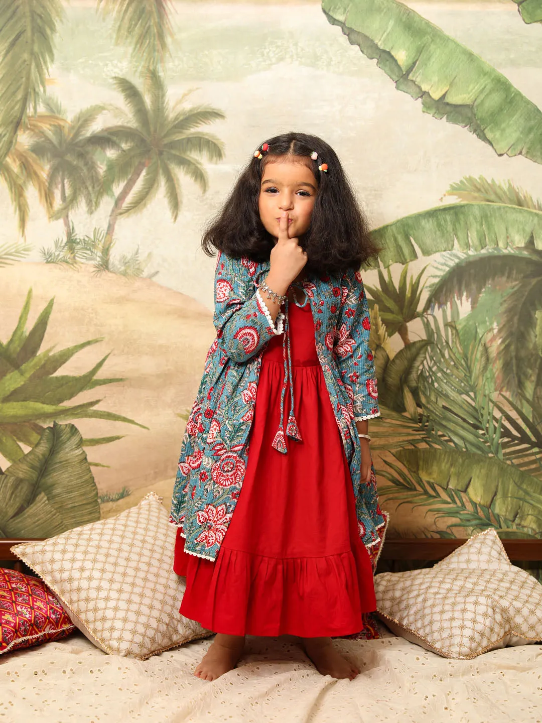 Jashvi Girl's Red And Blue Anarkali Dress
