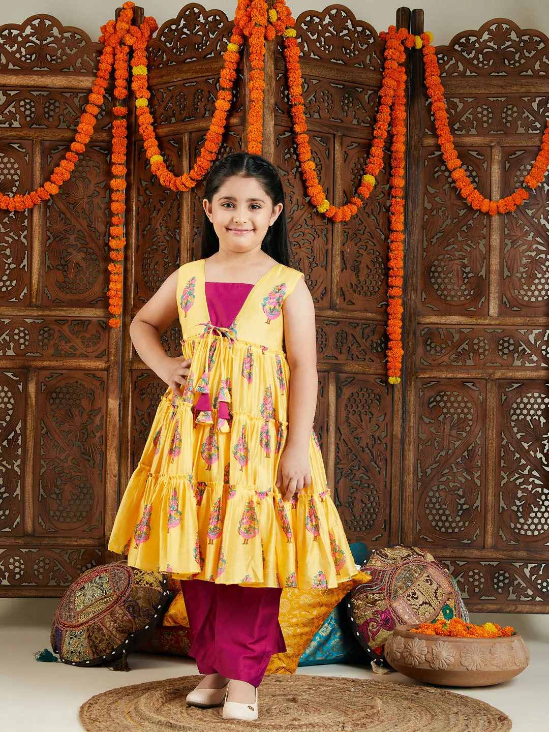 Jashvi Girls' Yellow And Pink Ethnic Kurta Pant Set