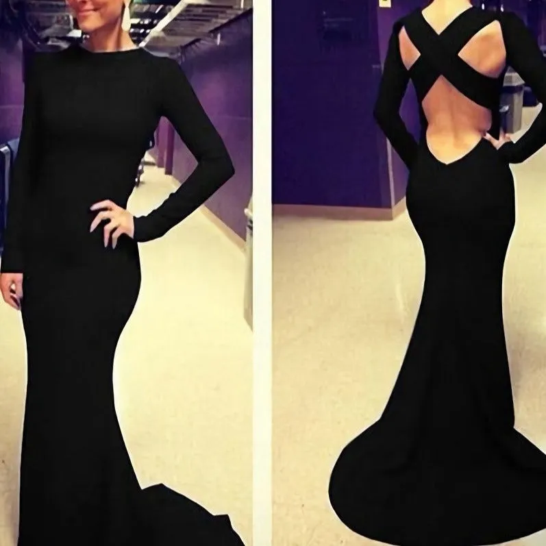 Long Sleeves Open Back Royal Blue Mermaid High Neck Trumpet Spandex Long Sexy Court Train White Prom Dresses