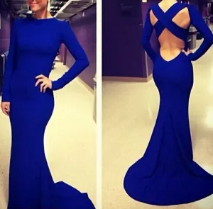 Long Sleeves Open Back Royal Blue Mermaid High Neck Trumpet Spandex Long Sexy Court Train White Prom Dresses