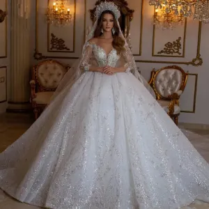 Luxurious Ball Gown Wedding Dress  V Neck Off The Shoulder Vestido De Novia Lace Sequined Elegant Robe De Mariee Bridal Dresses