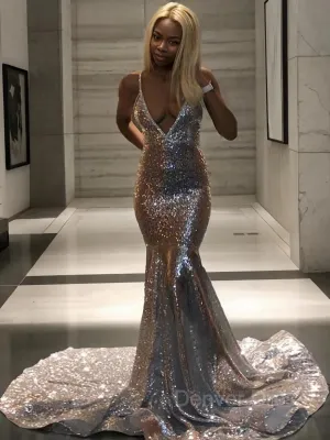 Mermaid V-neck Court Train Sequins Prom Dresses