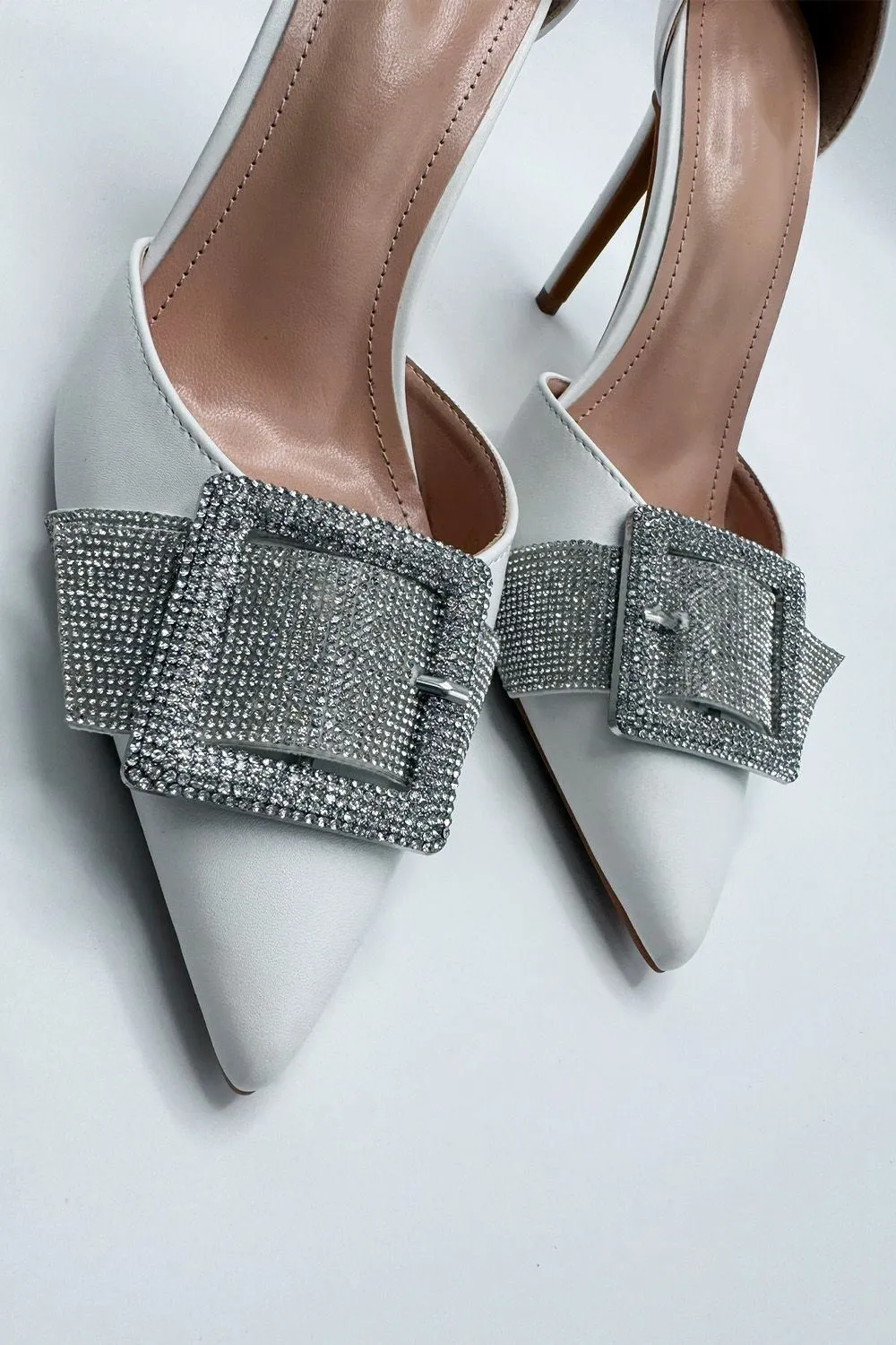Michaela Diamante Clasp Detail Ankle Strap Court Shoes in White