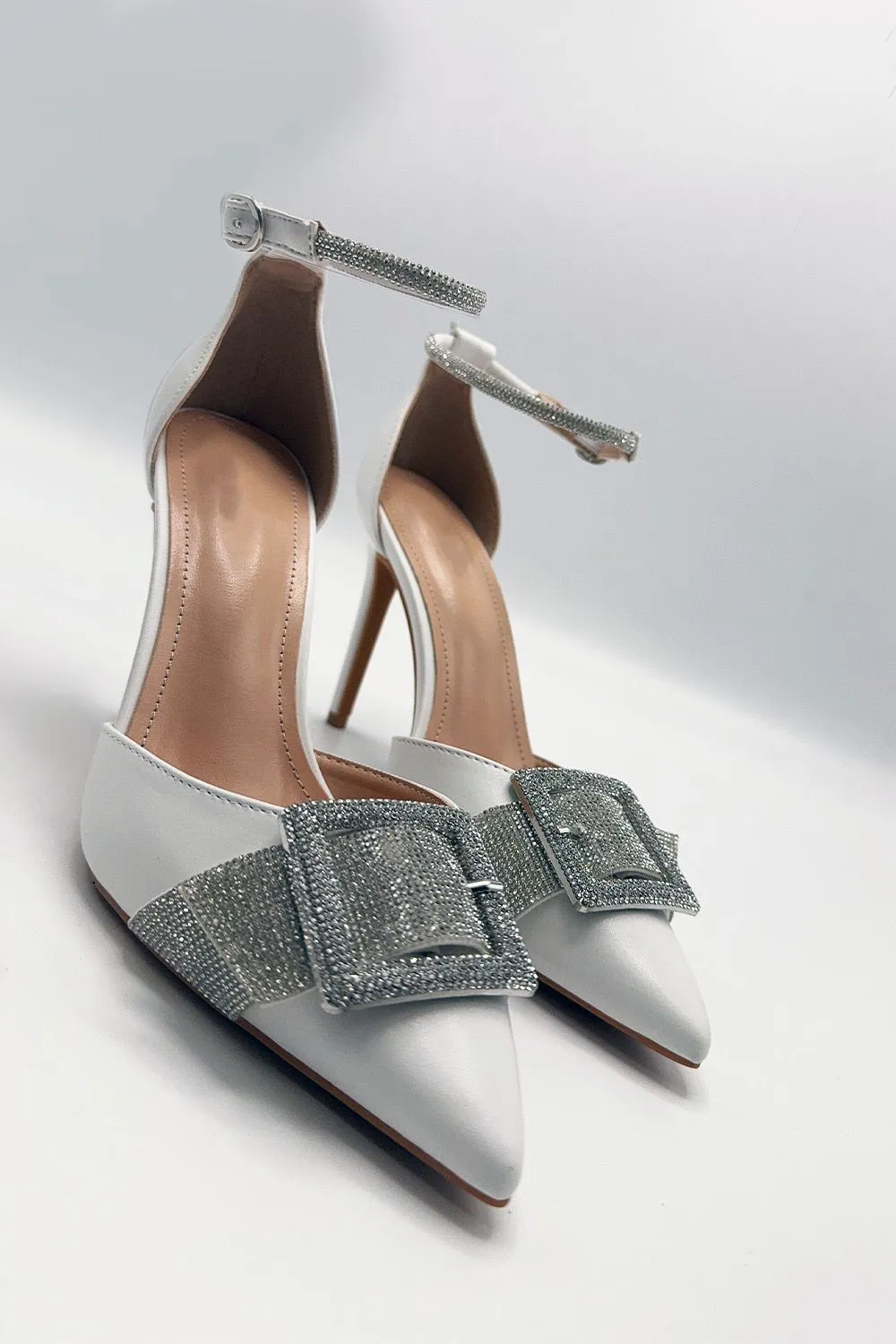 Michaela Diamante Clasp Detail Ankle Strap Court Shoes in White