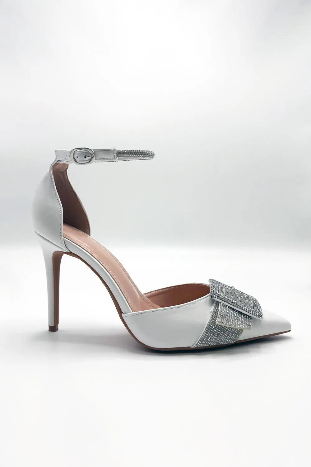 Michaela Diamante Clasp Detail Ankle Strap Court Shoes in White