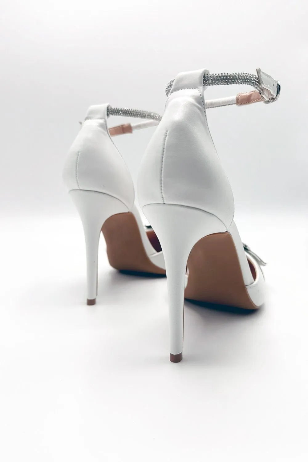 Michaela Diamante Clasp Detail Ankle Strap Court Shoes in White