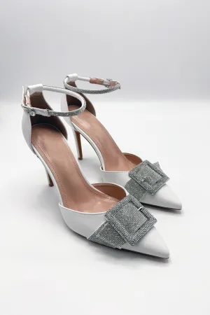 Michaela Diamante Clasp Detail Ankle Strap Court Shoes in White